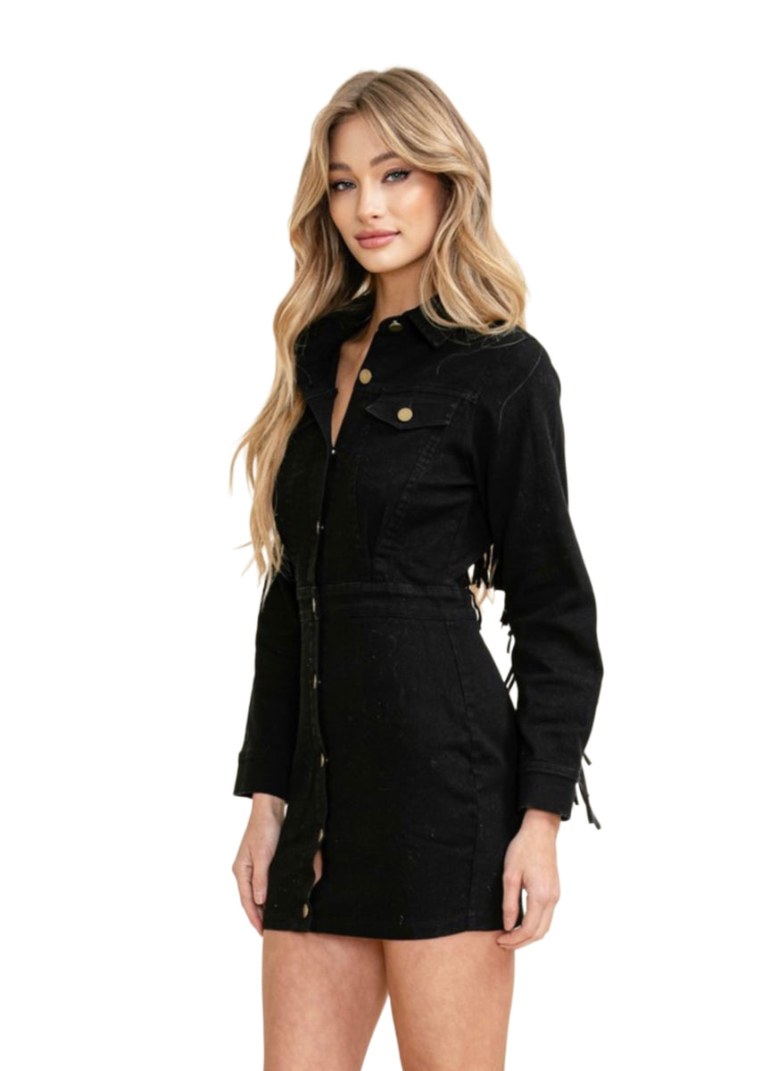 maxi dresses denim Black Denim Fringe Dress – Dollville XO LLC