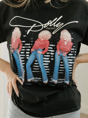 Dolly Parton Triple Threat Black Thrifted Tee