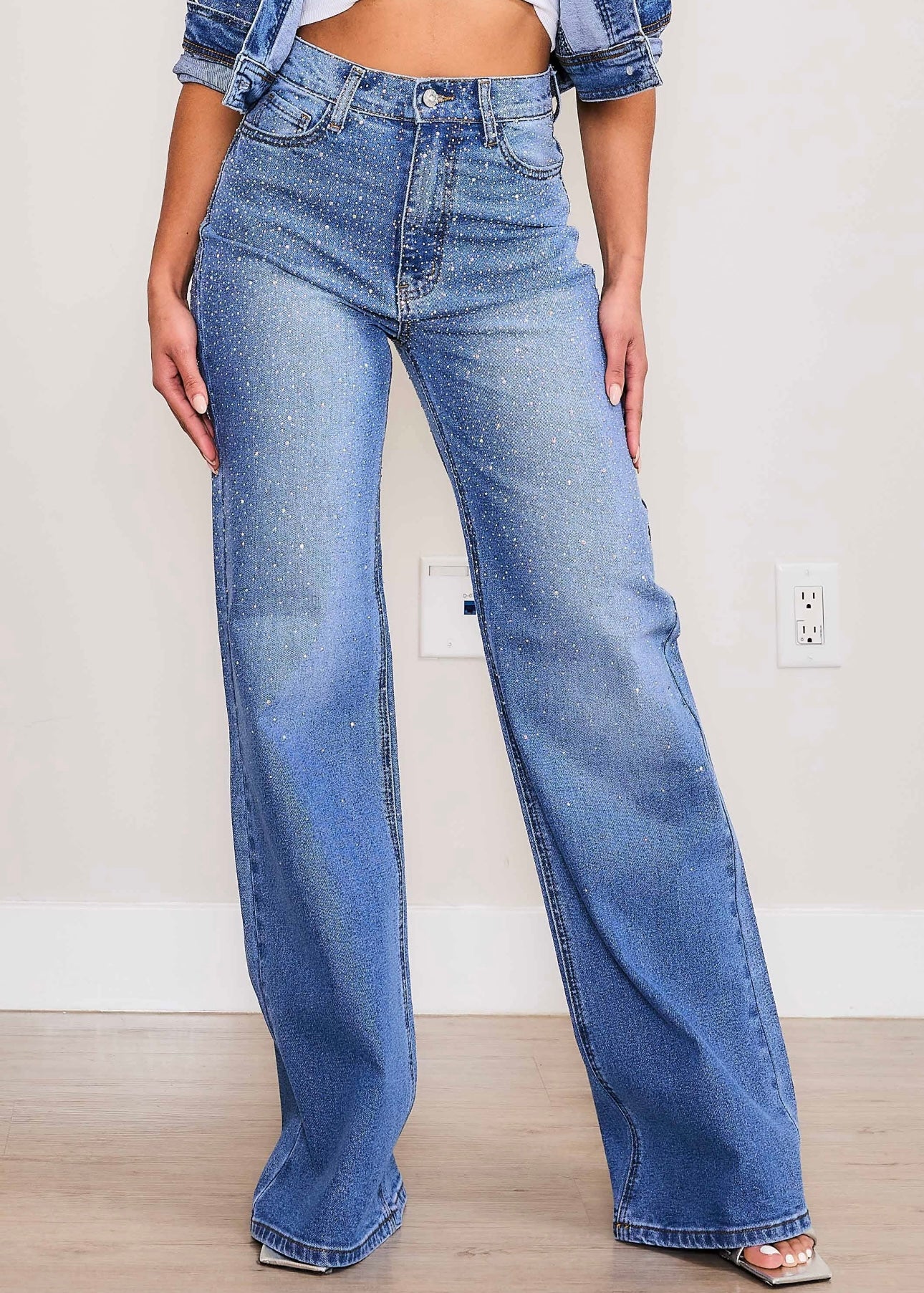 Rhinestone Medium Stone Wide Leg Jeans