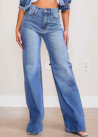 Rhinestone Medium Stone Wide Leg Jeans