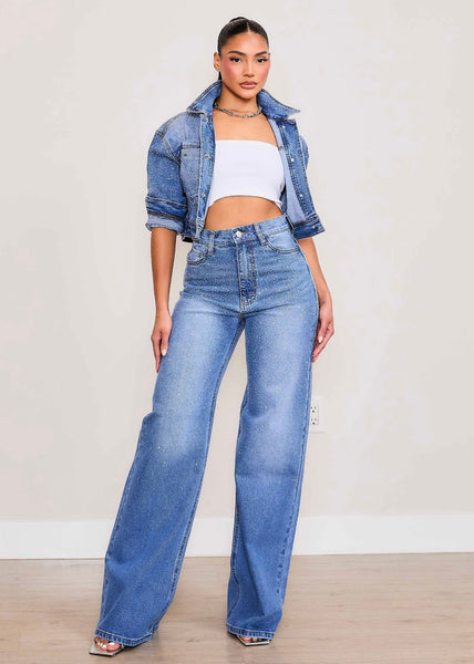 Rhinestone Medium Stone Wide Leg Jeans