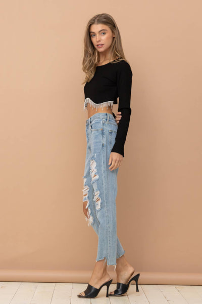 Rhinestone Fringe Top in Black