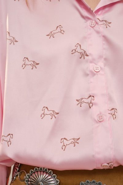 Pretty in Pink Horse Satin Blouse