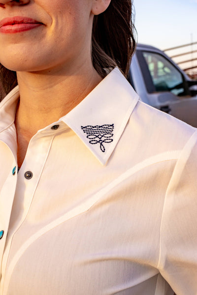 Boot Stitch Embroidered White Top with Turquoise Snaps