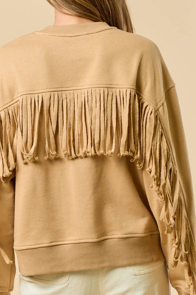 Long Sleeve Taupe Top with Fringe