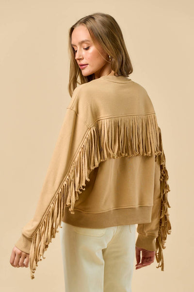 Long Sleeve Taupe Top with Fringe