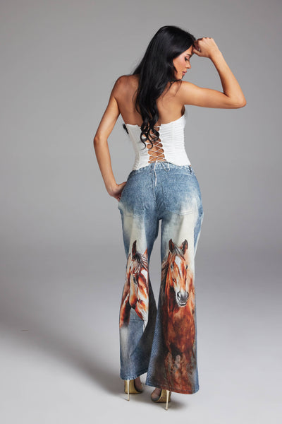 Horse Graphic Print Wide Leg Denim Jeans