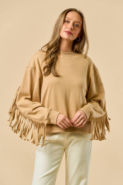 Long Sleeve Taupe Top with Fringe