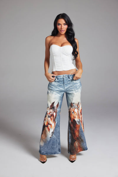 Horse Graphic Print Wide Leg Denim Jeans