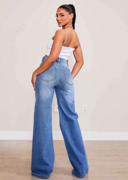 Rhinestone Medium Stone Wide Leg Jeans