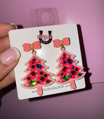 Pink Christmas Tree Earrings