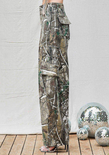 Rhinestone Camo Print Baggy Barrel Jeans