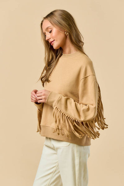 Long Sleeve Taupe Top with Fringe