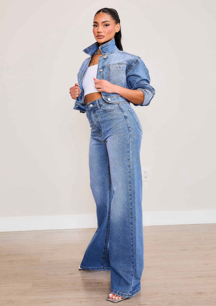 Rhinestone Medium Stone Wide Leg Jeans