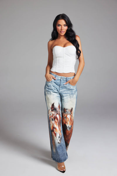 Horse Graphic Print Wide Leg Denim Jeans