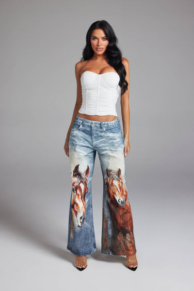 Horse Graphic Print Wide Leg Denim Jeans