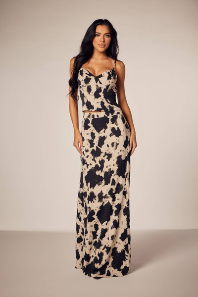 Black Cowhide Satin Skirt Set