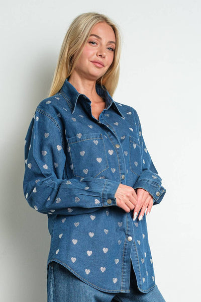 Rhinestone Hearts Denim Shirt