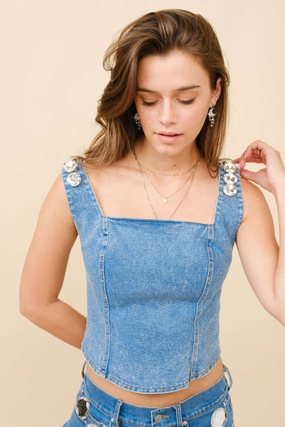 Jumbo Crystal Corset Denim Top