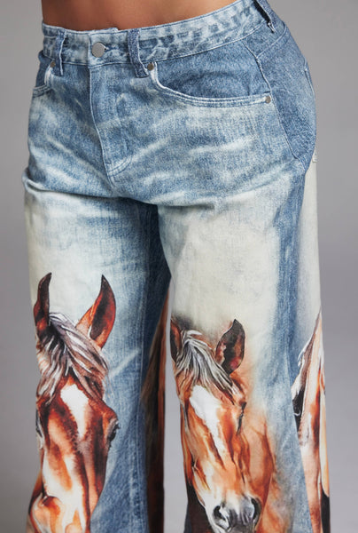 Horse Graphic Print Wide Leg Denim Jeans