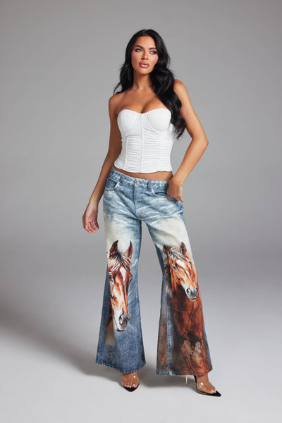 Horse Graphic Print Wide Leg Denim Jeans