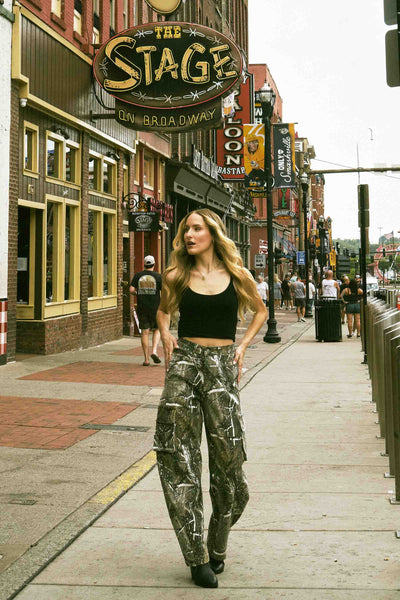 Rhinestone Camo Print Baggy Barrel Jeans