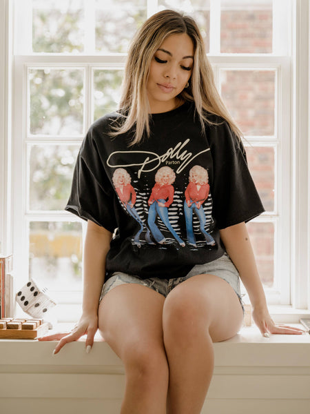 Dolly Parton Triple Threat Black Thrifted Tee