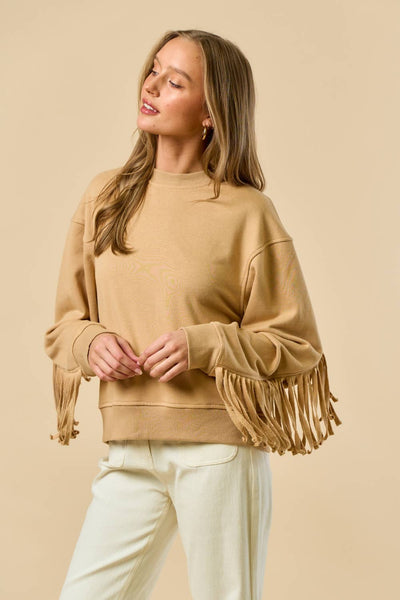 Long Sleeve Taupe Top with Fringe