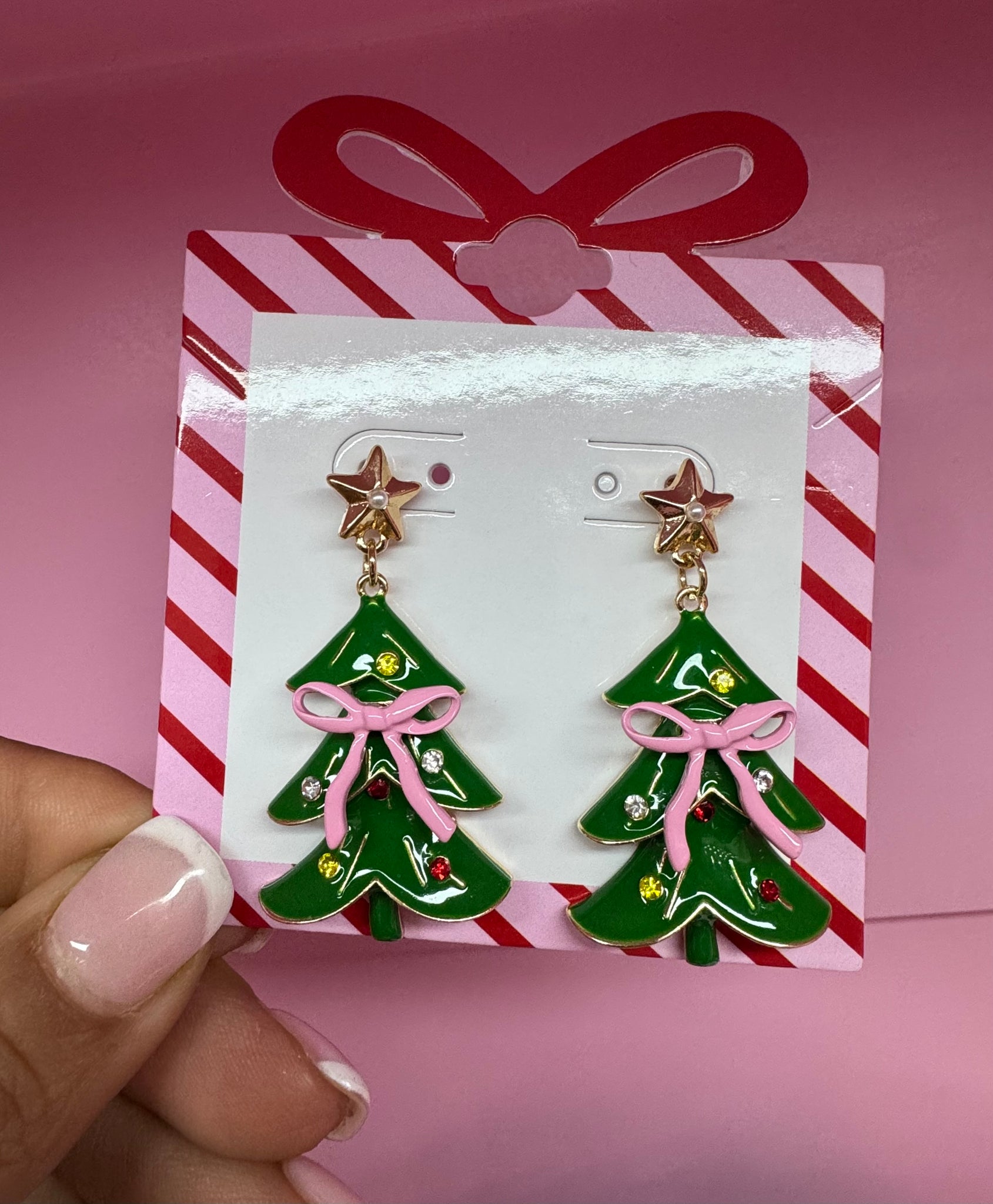 Christmas Tree Pink Bow Earrings