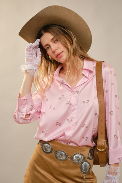 Pretty in Pink Horse Satin Blouse