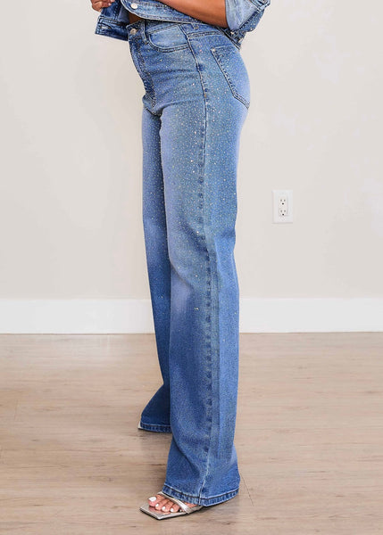 Rhinestone Medium Stone Wide Leg Jeans