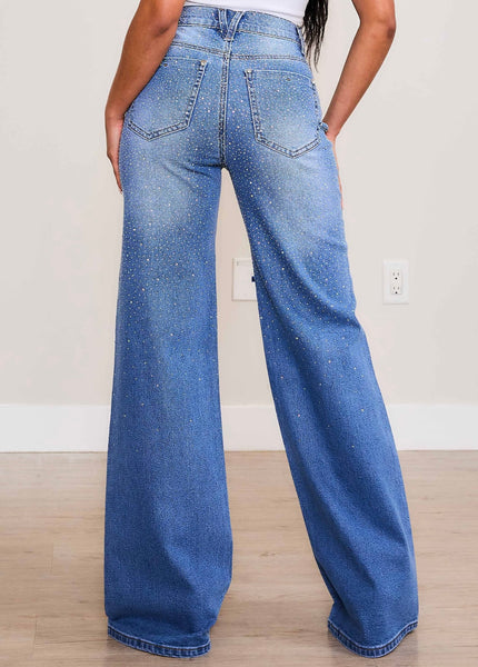 Rhinestone Medium Stone Wide Leg Jeans
