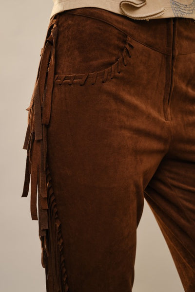 Suede Flare Leg Pants With Side Fringe
