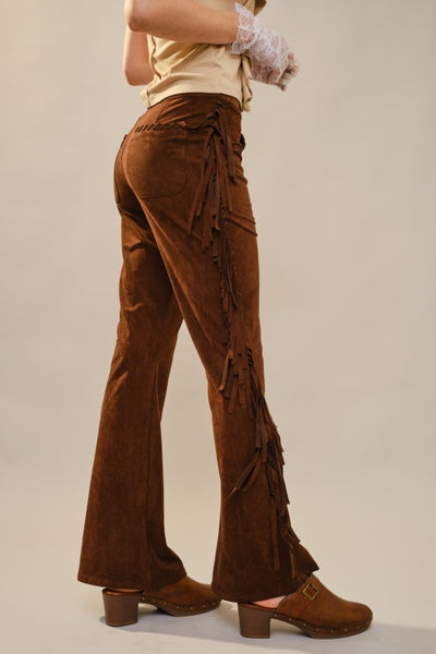 Suede Flare Leg Pants With Side Fringe
