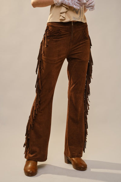 Suede Flare Leg Pants With Side Fringe