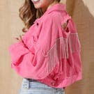 Pink Cropped Denim Jacket With Rhinestones