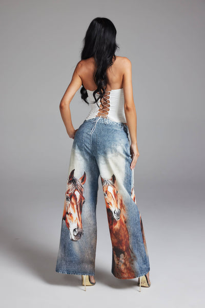 Horse Graphic Print Wide Leg Denim Jeans