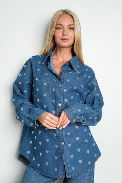 Rhinestone Hearts Denim Shirt