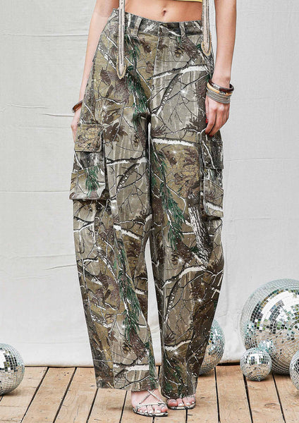 Rhinestone Camo Print Baggy Barrel Jeans