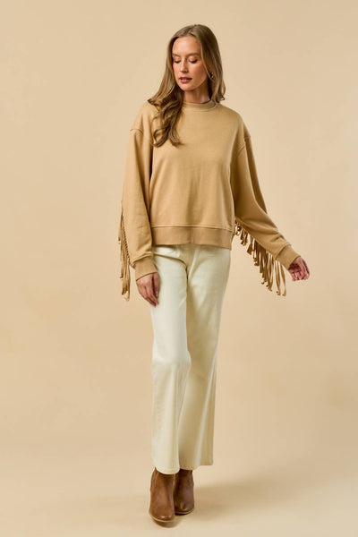 Long Sleeve Taupe Top with Fringe