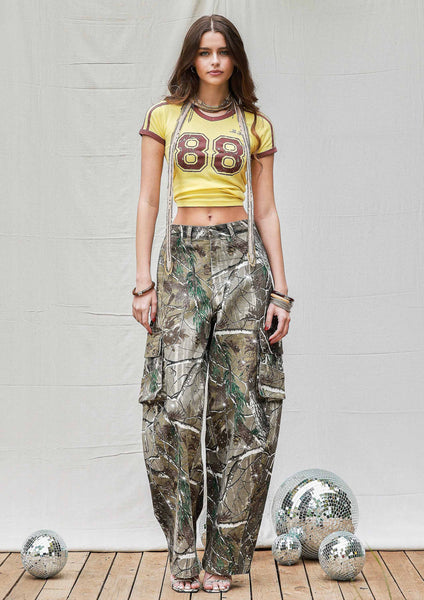 Rhinestone Camo Print Baggy Barrel Jeans