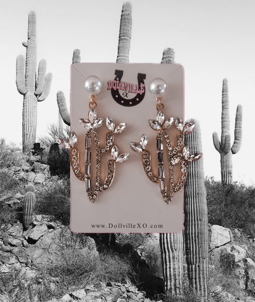 Rhinestone Cactus Earrings in gold