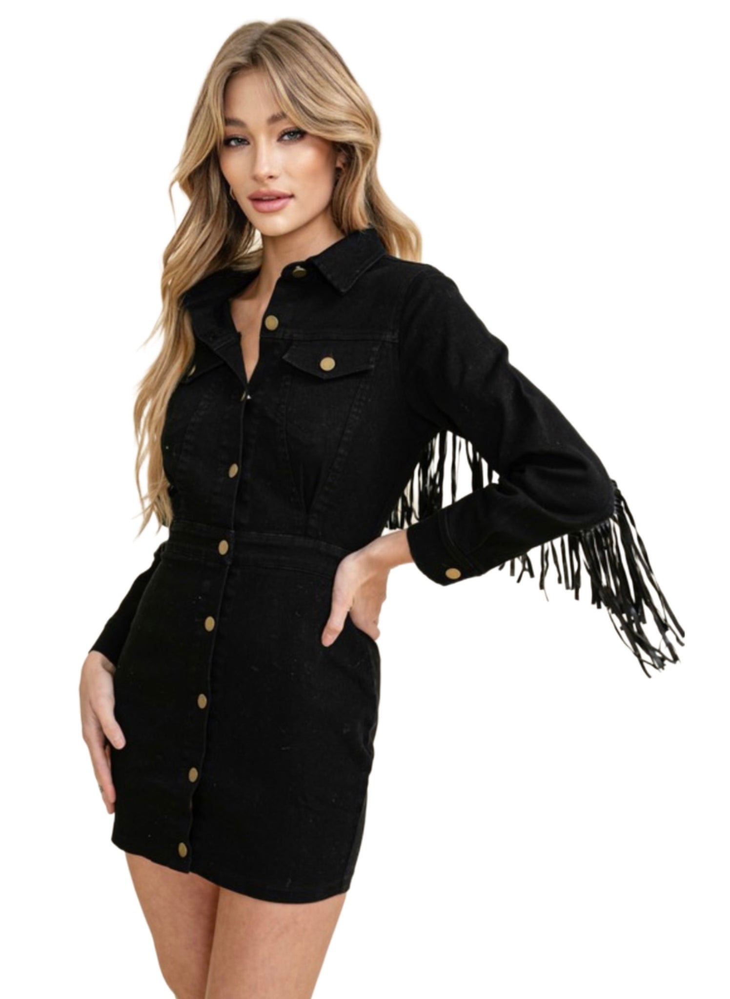 Black Denim Fringe Dress Dollville XO LLC Black Denim Fringe Dress Dollville XO LLC